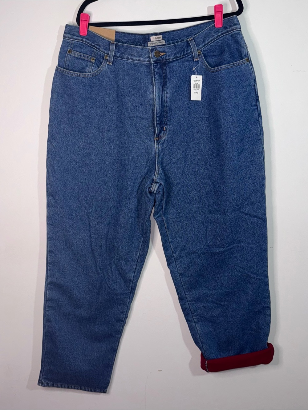 L.L.Bean Fleece Lined Double L Jeans Relaxed Fit Red Lining Size 20 Reg NWT